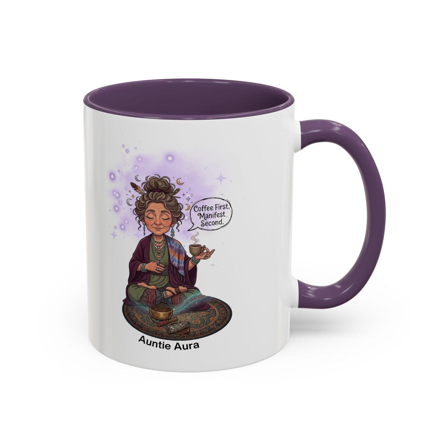 Auntie Aura Coffee Mug — “Coffee First, Manifest Second” Boho Spiritual Gift