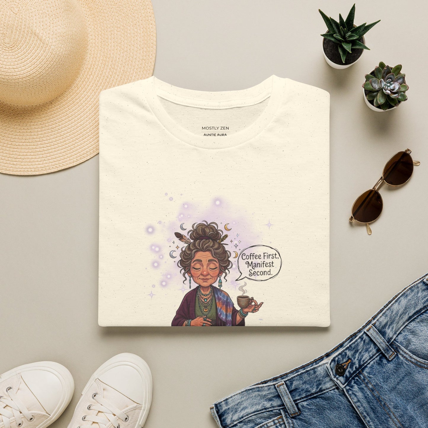 Manifestation Coffee T-Shirt — "Coffee First, Manifest Second!" — Auntie Aura Spiritual Tee