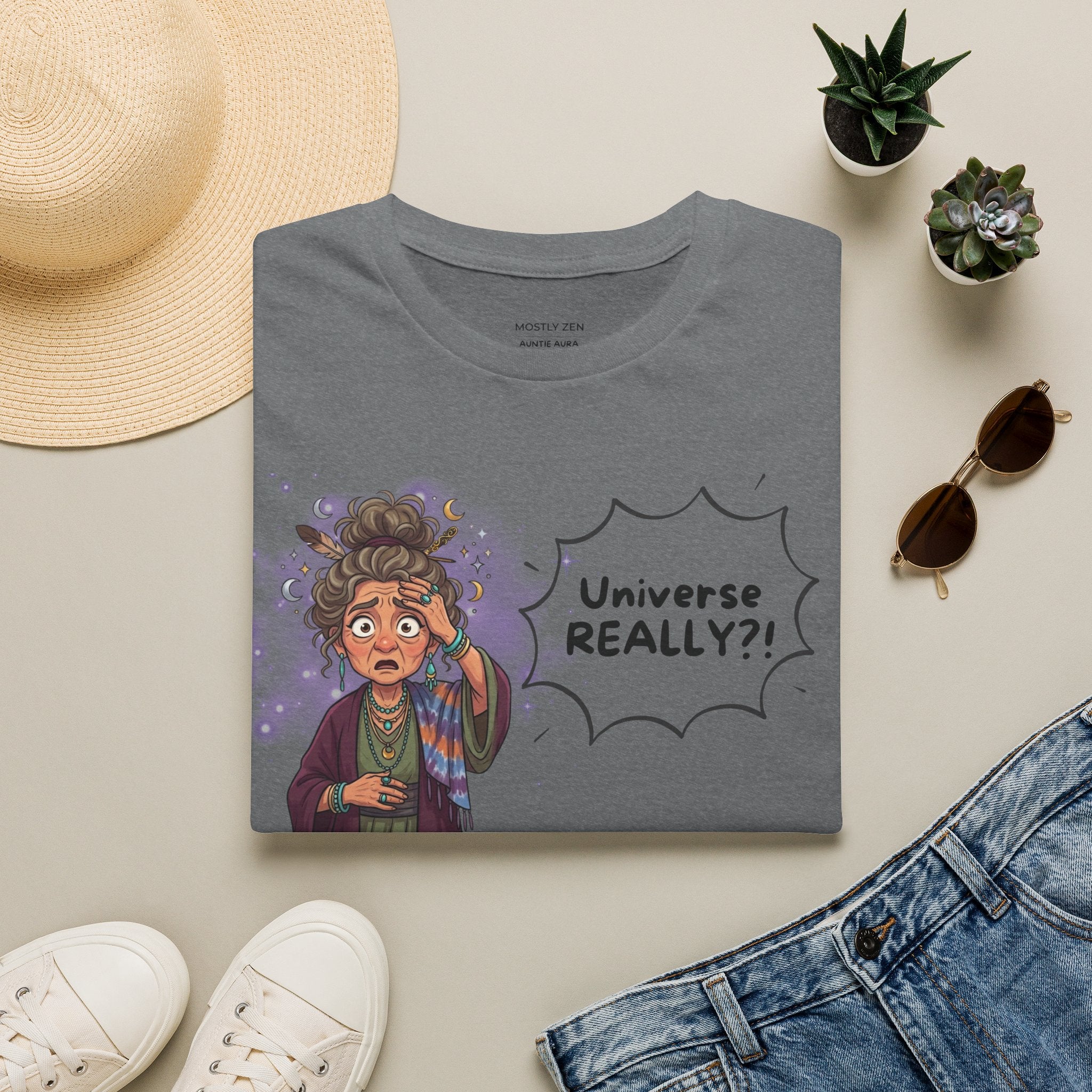 Auntie Aura Tee — “Universe REALLY?!” Mystical Boho Graphic T-Shirt