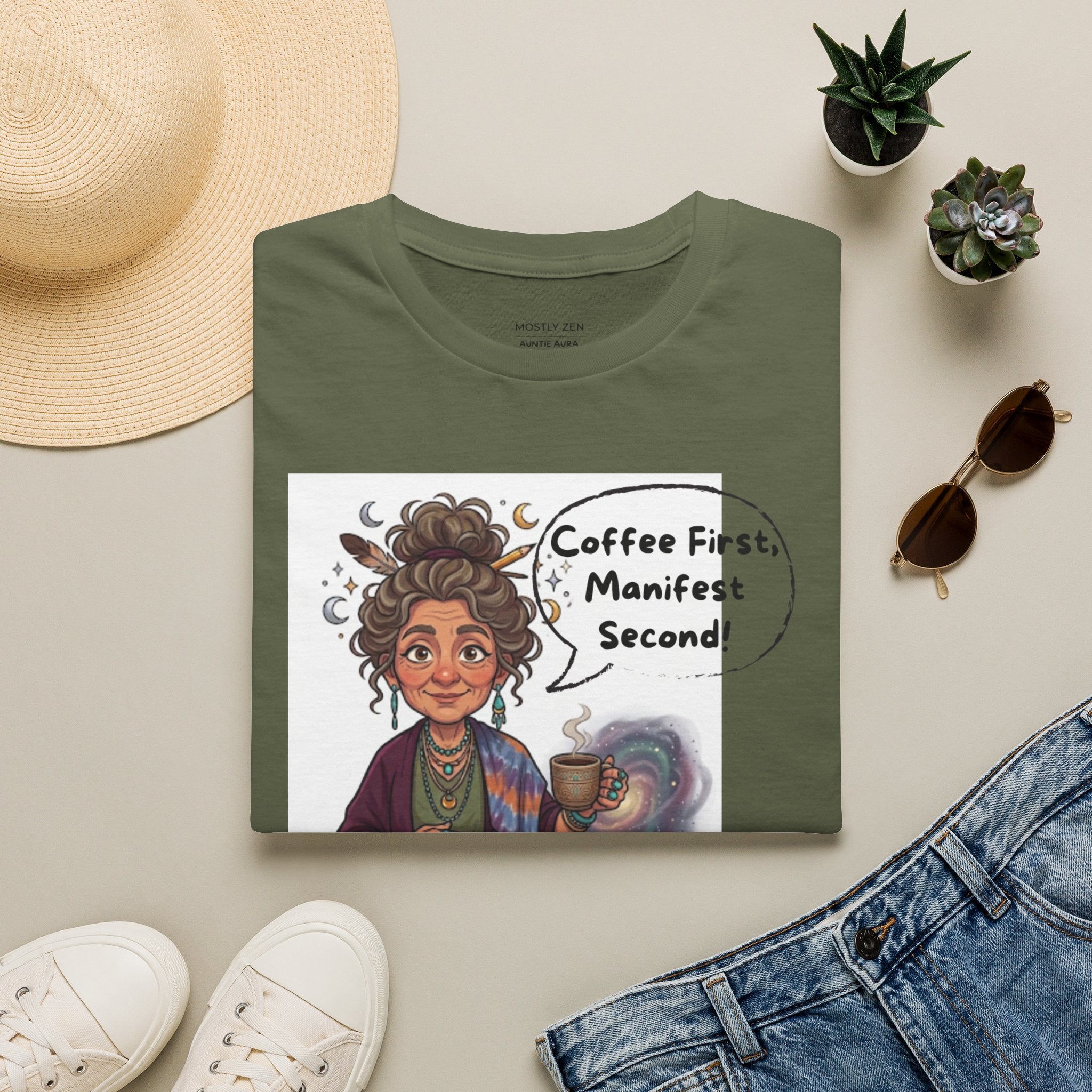 Manifestation Coffee T-Shirt — "Coffee First, Manifest Second!" — Auntie Aura Spiritual Tee