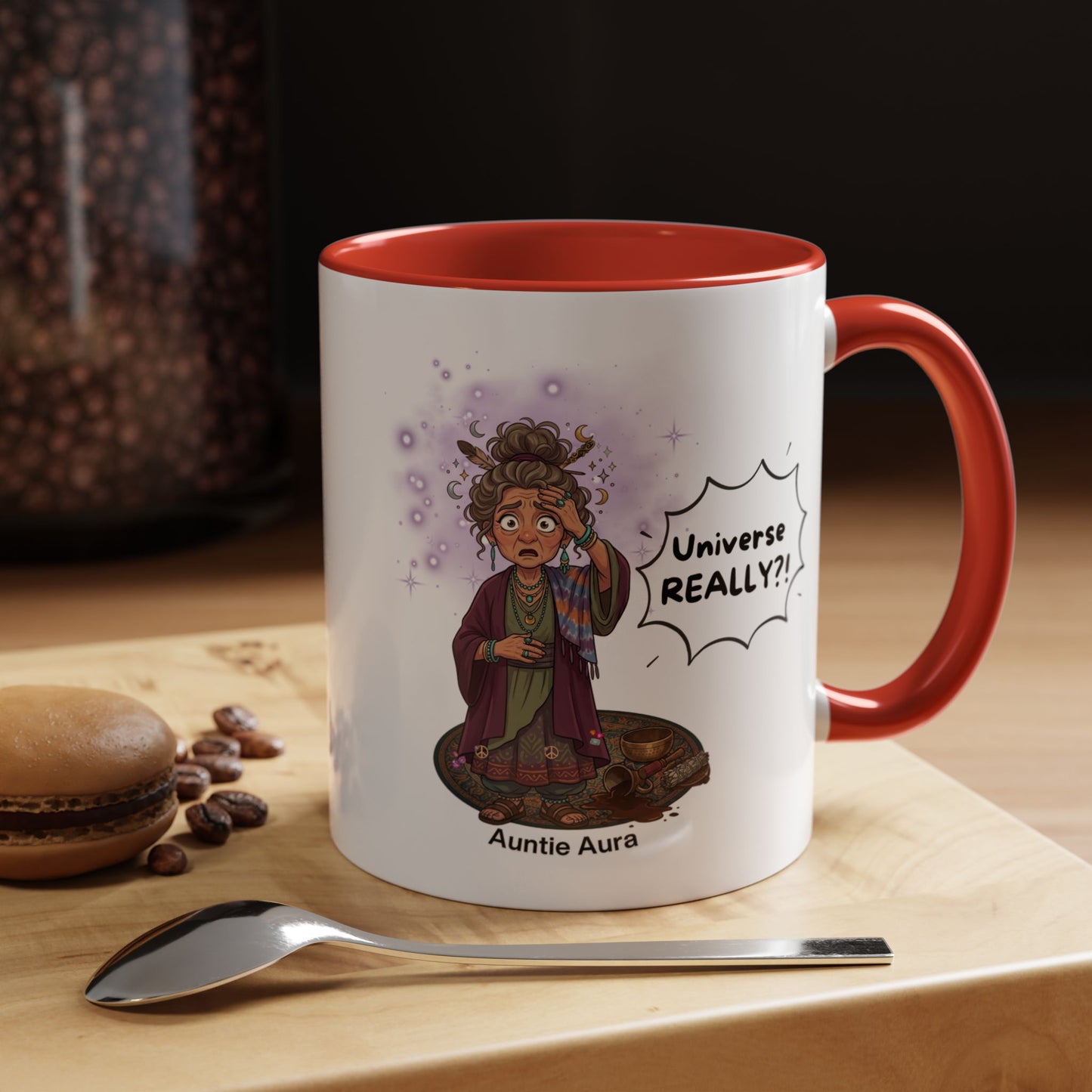 Auntie Aura Galaxy Mug — “Universe REALLY?!” Accent Ceramic Coffee Mug
