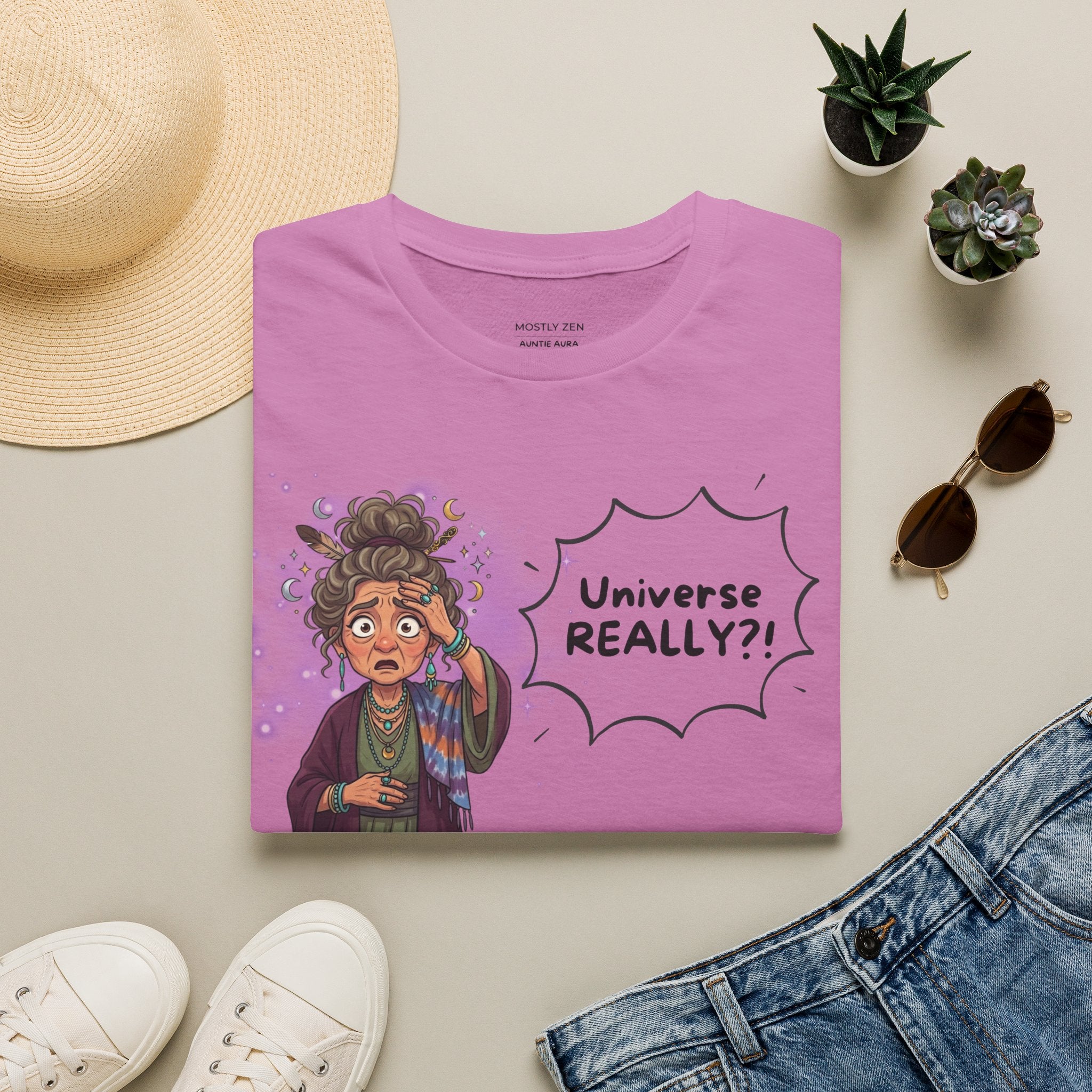 Auntie Aura Tee — “Universe REALLY?!” Mystical Boho Graphic T-Shirt