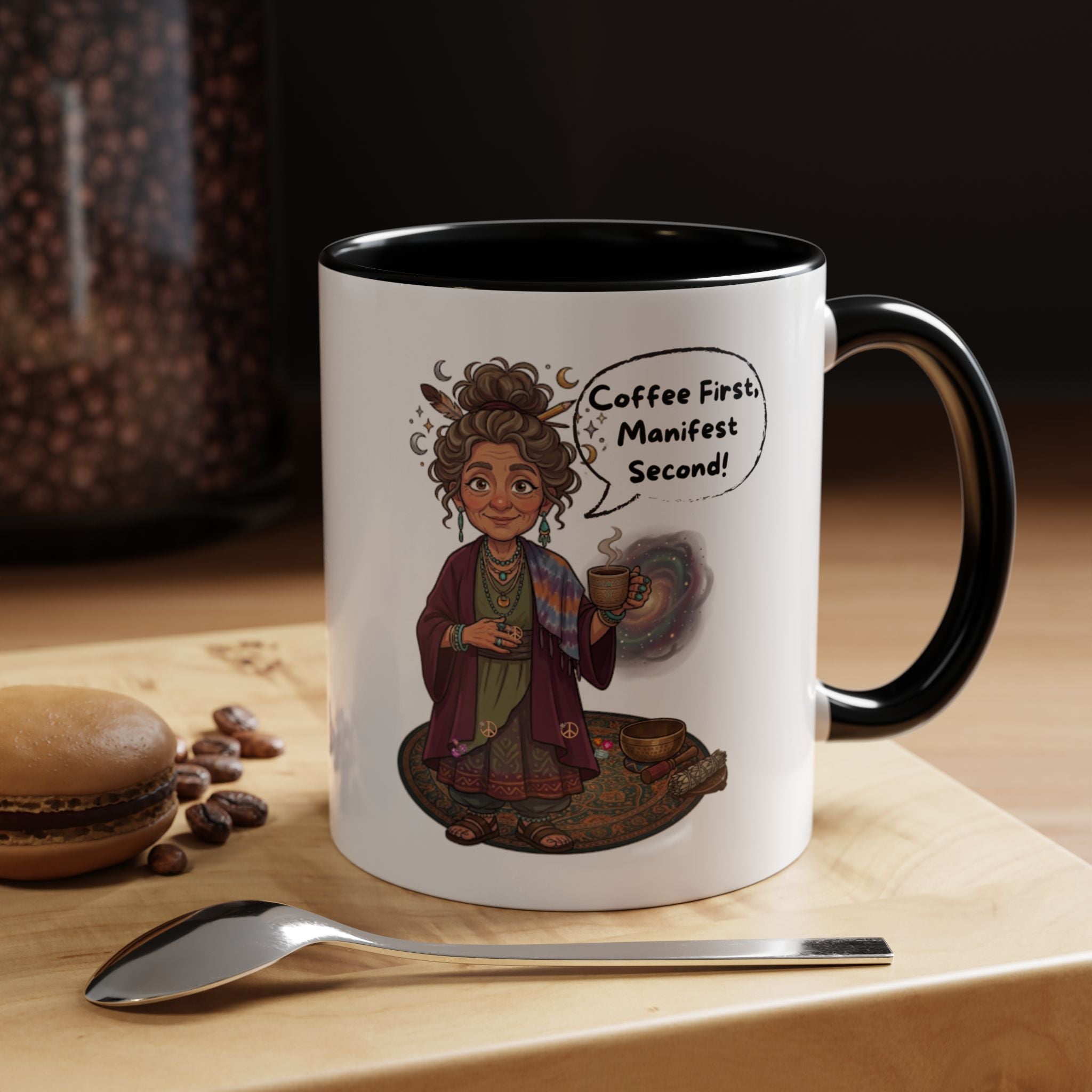 Auntie Aura Coffee Mug — “Coffee First, Manifest Second” Boho Spiritual Gift