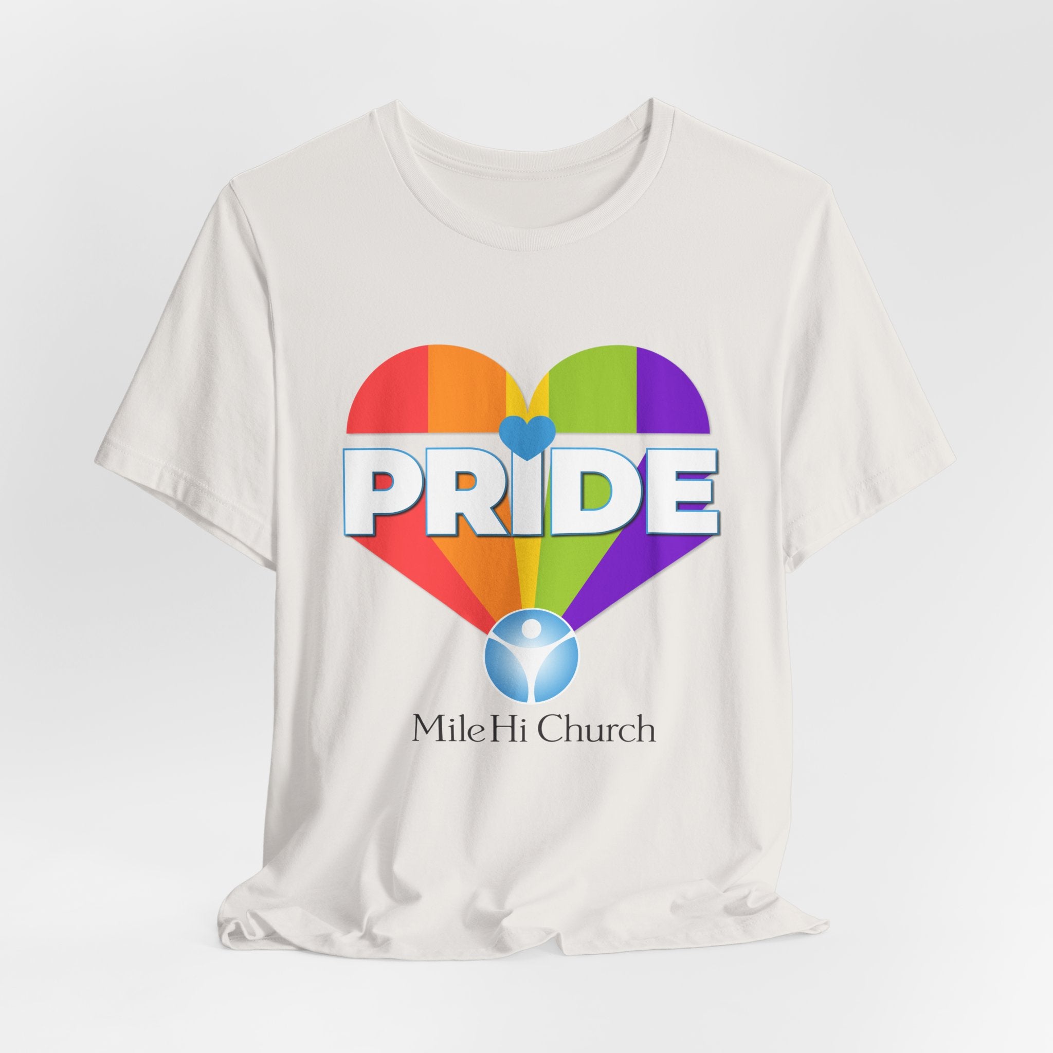 Pride Rainbow Heart Tee | Mile Hi Church logo