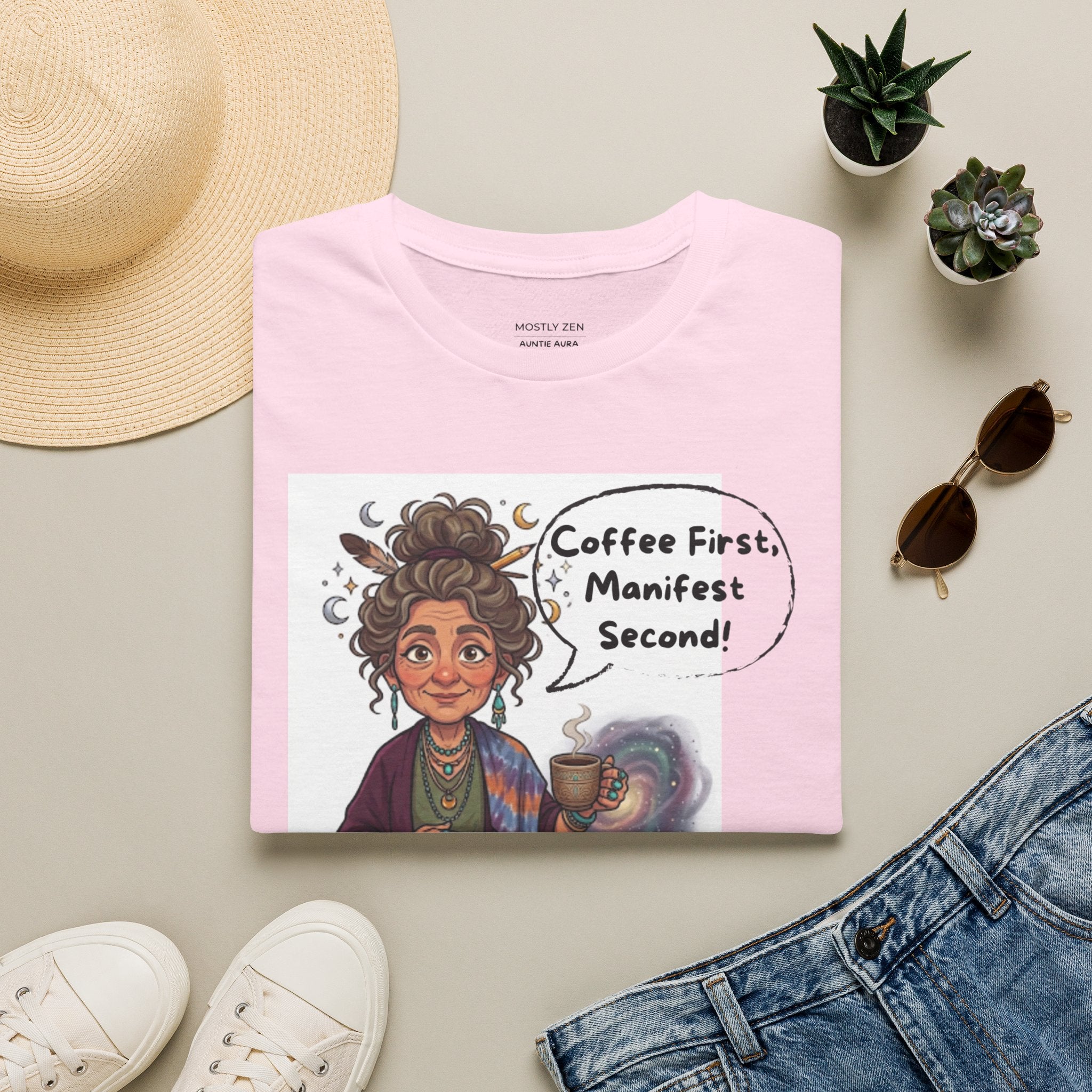 Manifestation Coffee T-Shirt — "Coffee First, Manifest Second!" — Auntie Aura Spiritual Tee