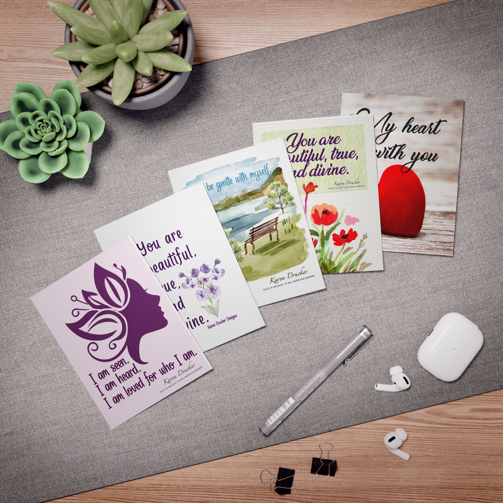 Karen Drucker Designs Greeting Cards Set, Uplifting Note Cards, Blessings Card Pack - 5-Pack