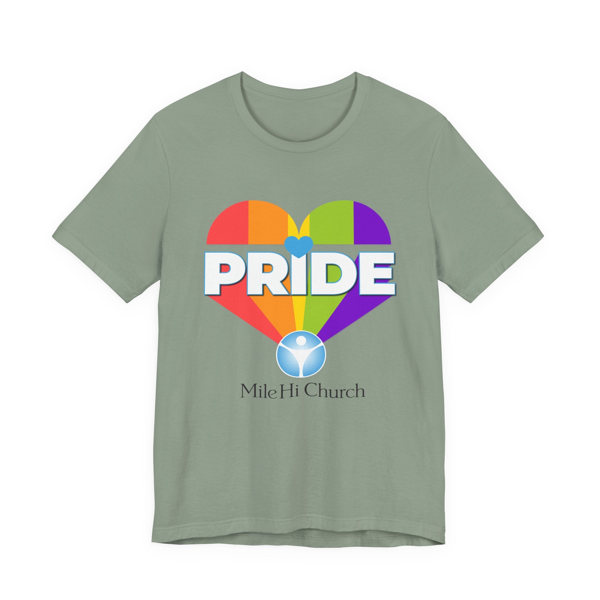 Pride Rainbow Heart Tee | Mile Hi Church logo