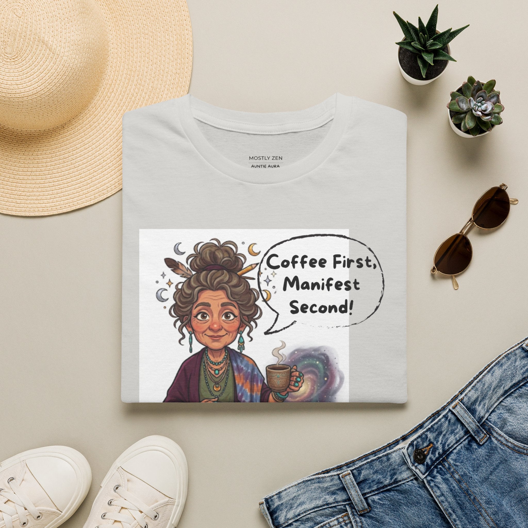Manifestation Coffee T-Shirt — "Coffee First, Manifest Second!" — Auntie Aura Spiritual Tee