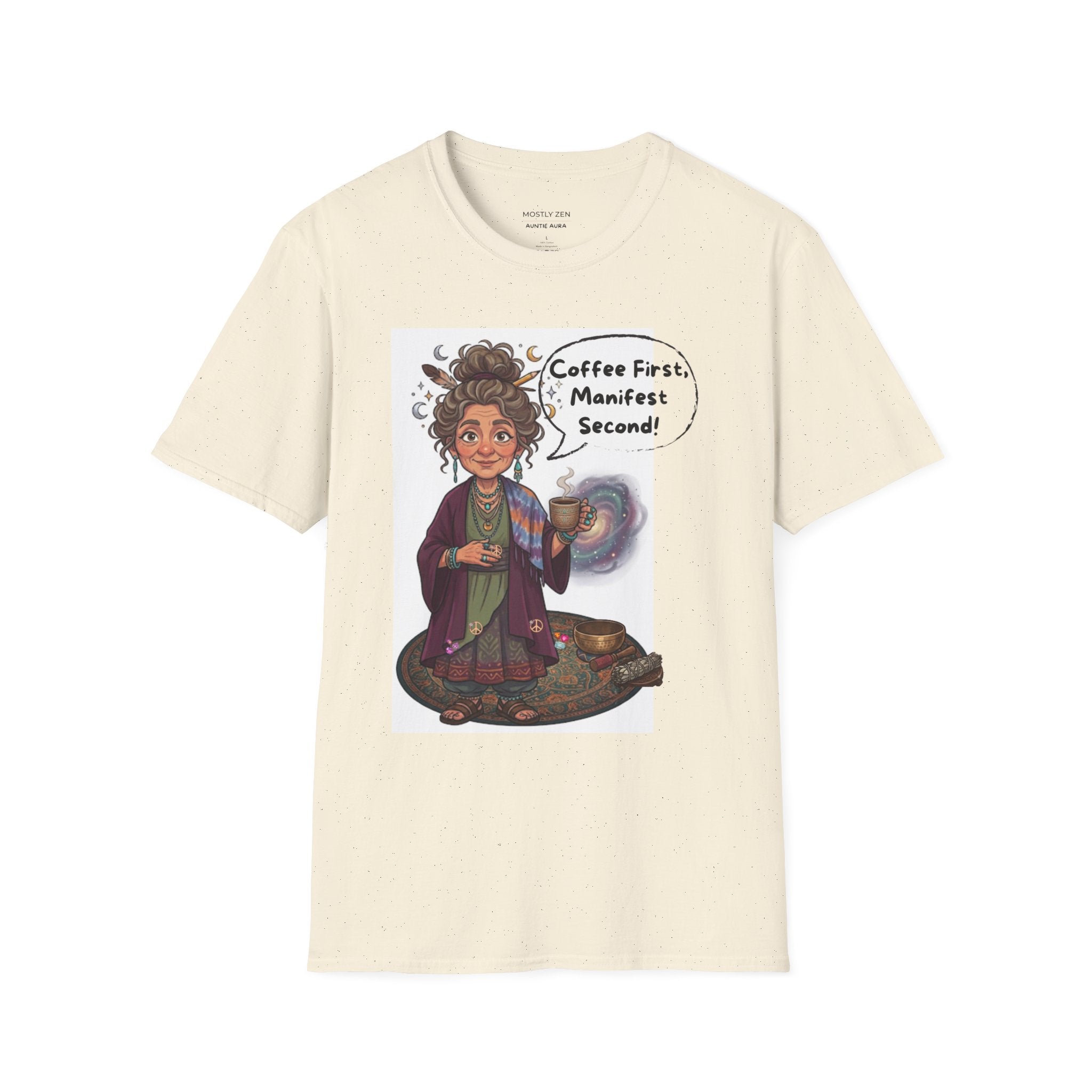 Manifestation Coffee T-Shirt — "Coffee First, Manifest Second!" — Auntie Aura Spiritual Tee
