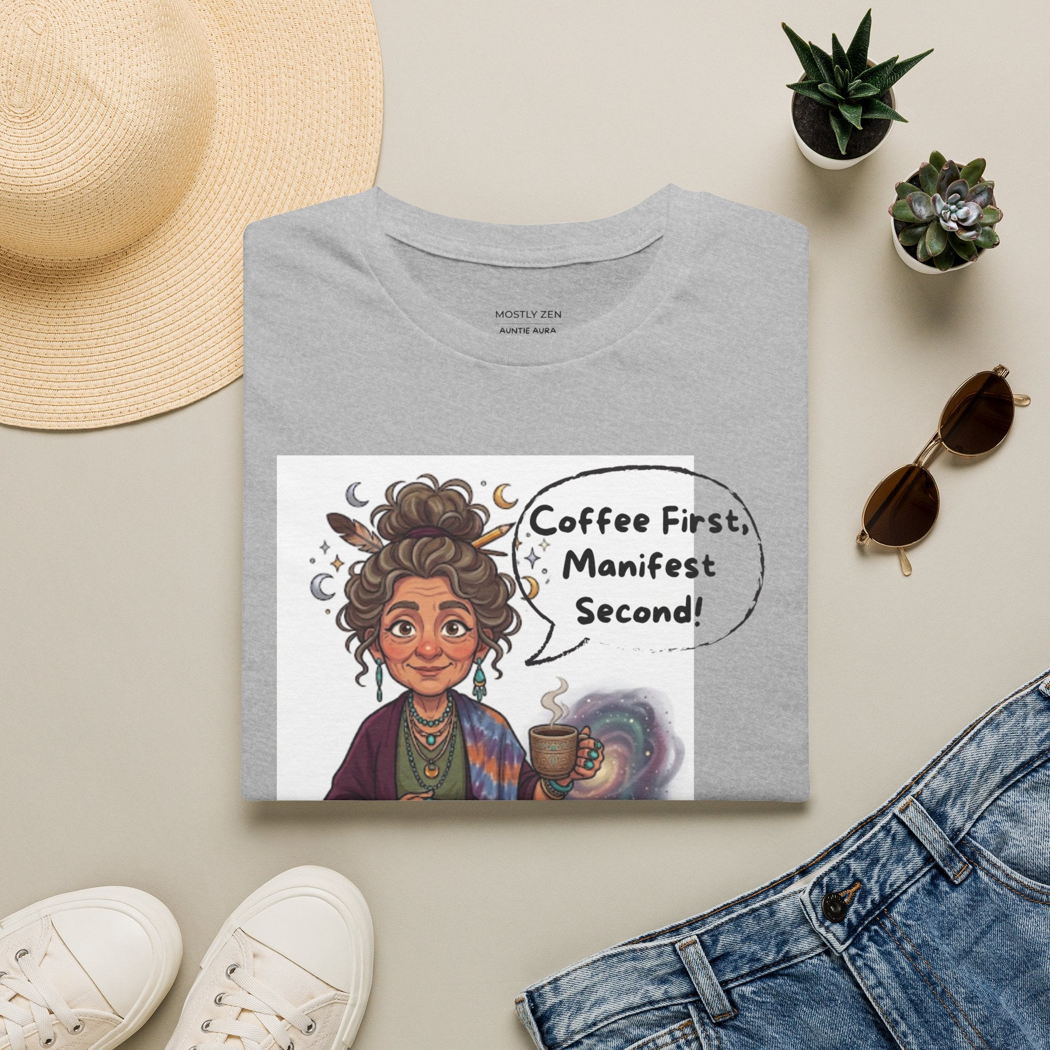 Manifestation Coffee T-Shirt — "Coffee First, Manifest Second!" — Auntie Aura Spiritual Tee