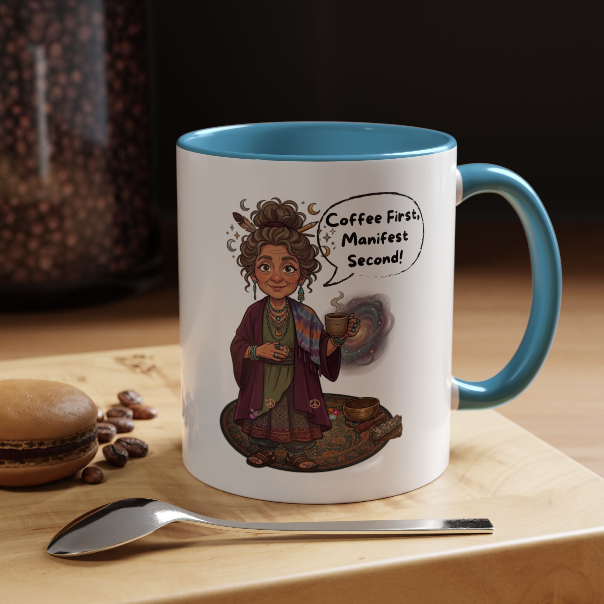 Auntie Aura Coffee Mug — “Coffee First, Manifest Second” Boho Spiritual Gift