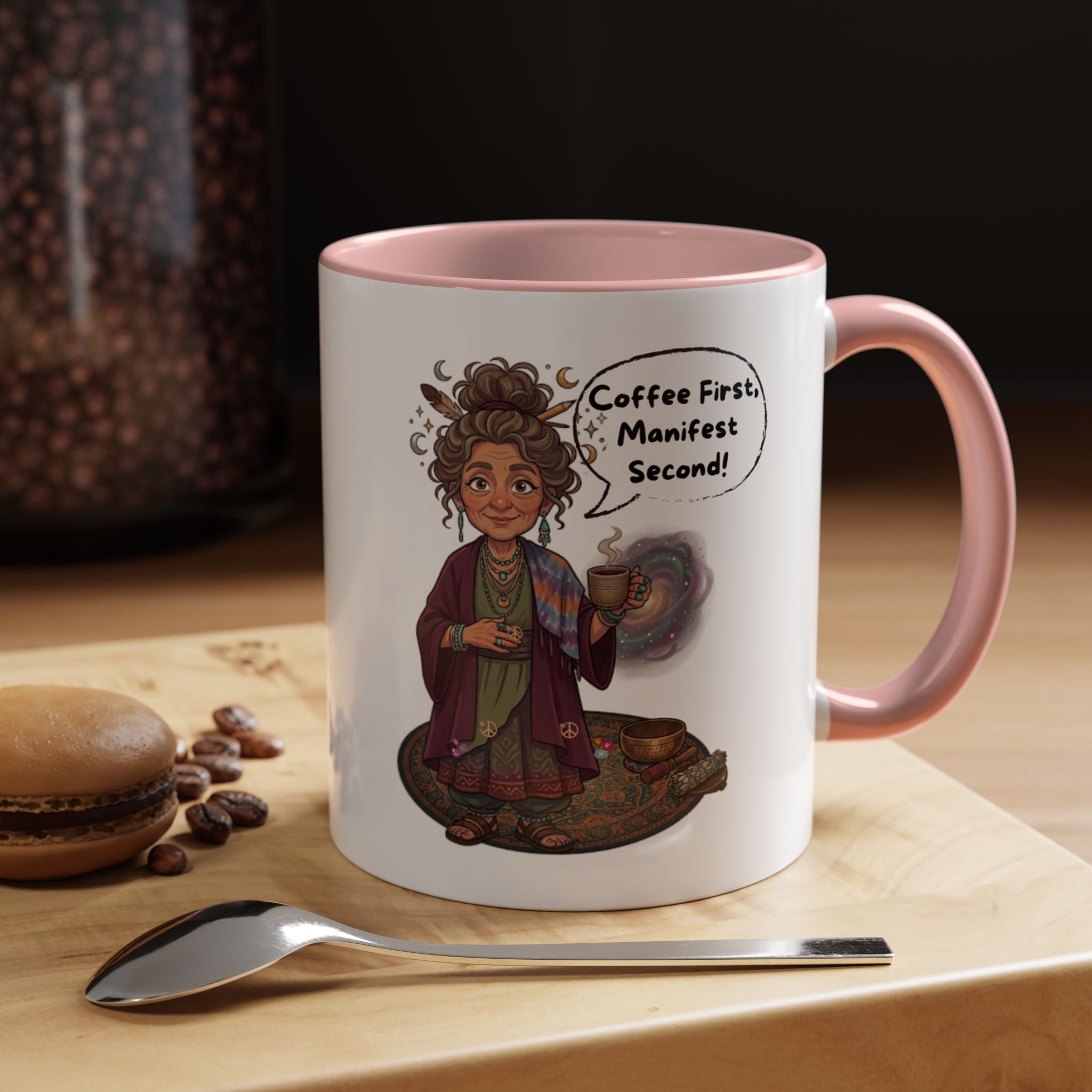 Auntie Aura Coffee Mug — “Coffee First, Manifest Second” Boho Spiritual Gift