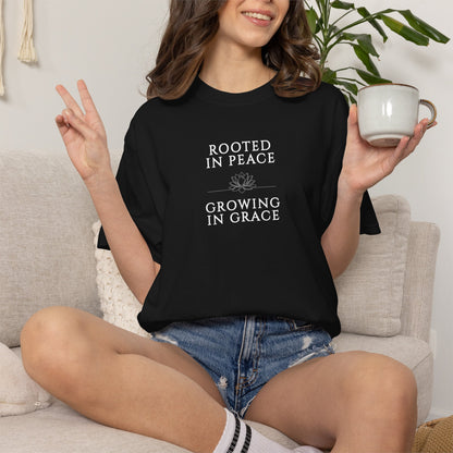 Rooted in Peace Growing in Grace T-shirt | Minimal Lotus Typography