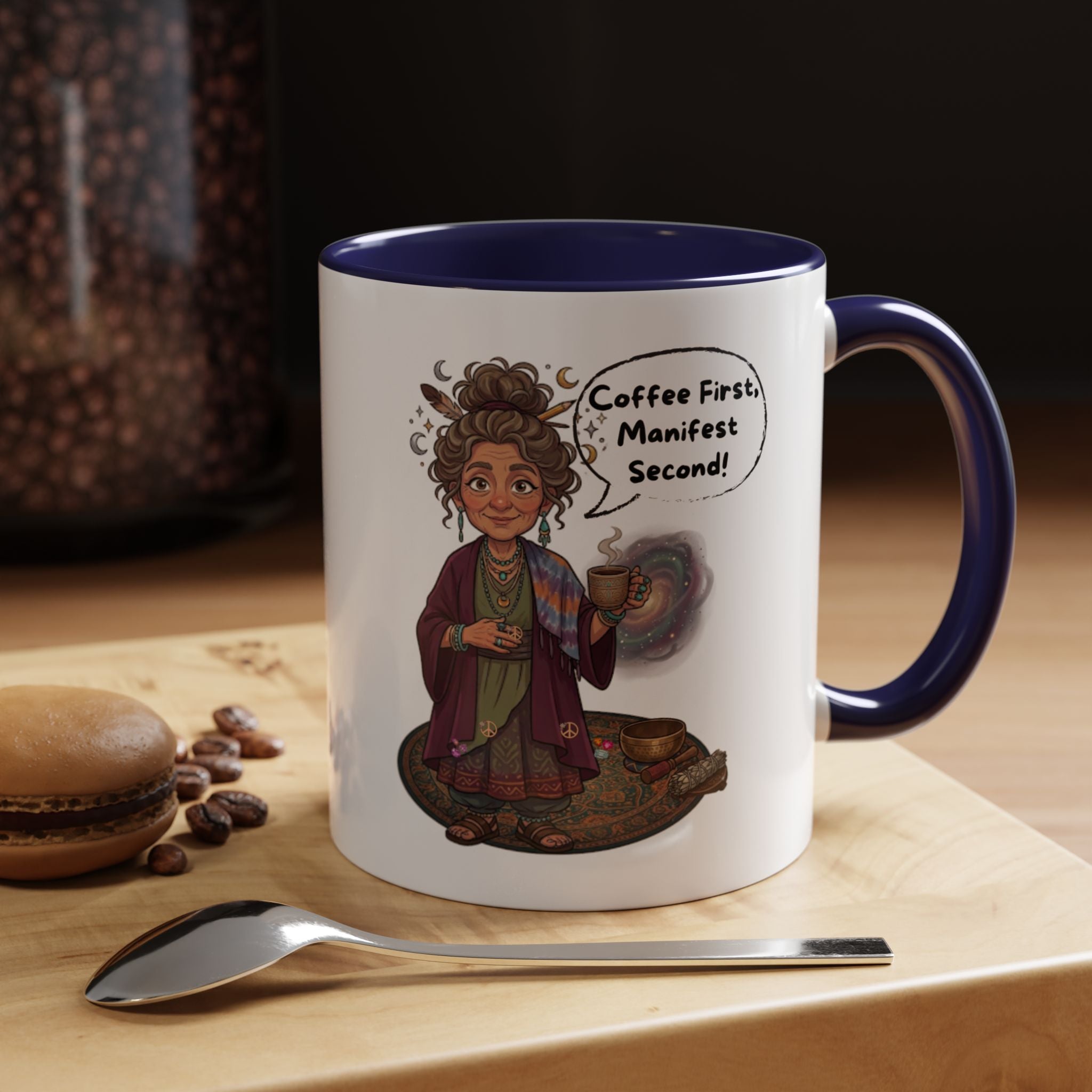 Auntie Aura Coffee Mug — “Coffee First, Manifest Second” Boho Spiritual Gift