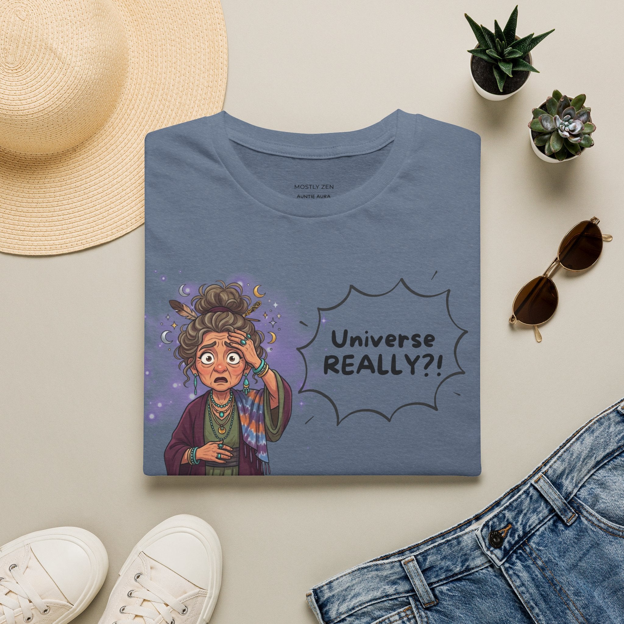 Auntie Aura Tee — “Universe REALLY?!” Mystical Boho Graphic T-Shirt