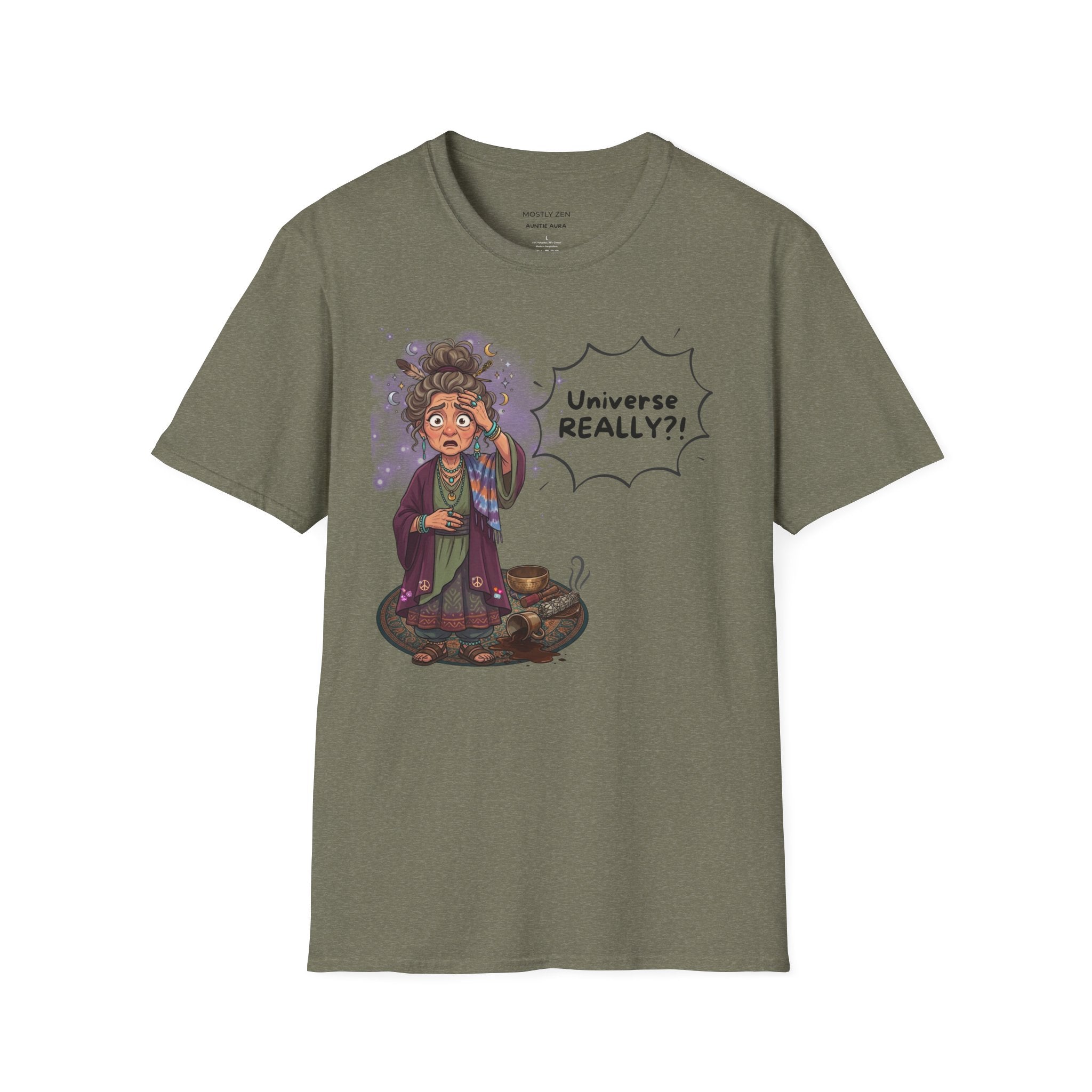Auntie Aura Tee — “Universe REALLY?!” Mystical Boho Graphic T-Shirt