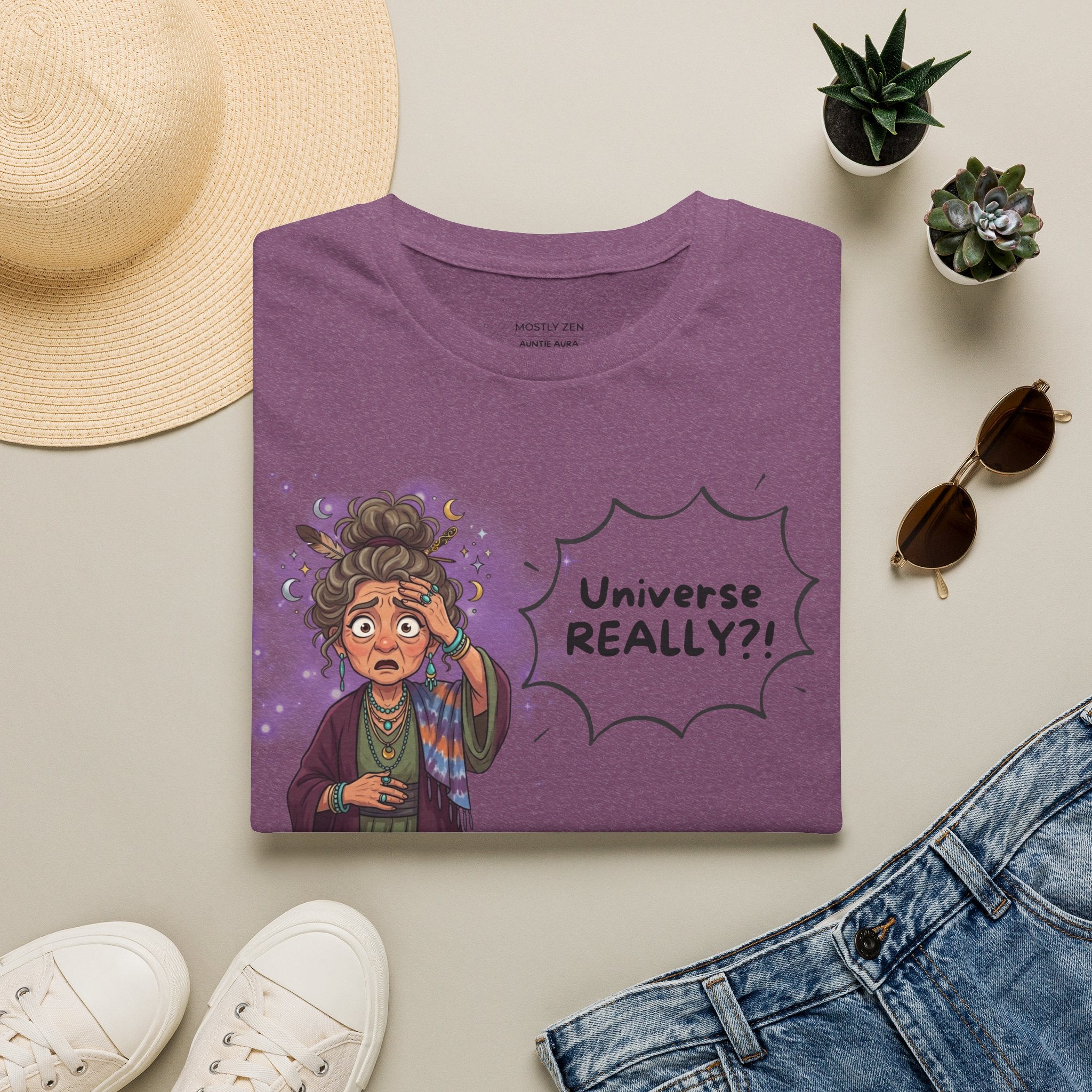 Auntie Aura Tee — “Universe REALLY?!” Mystical Boho Graphic T-Shirt