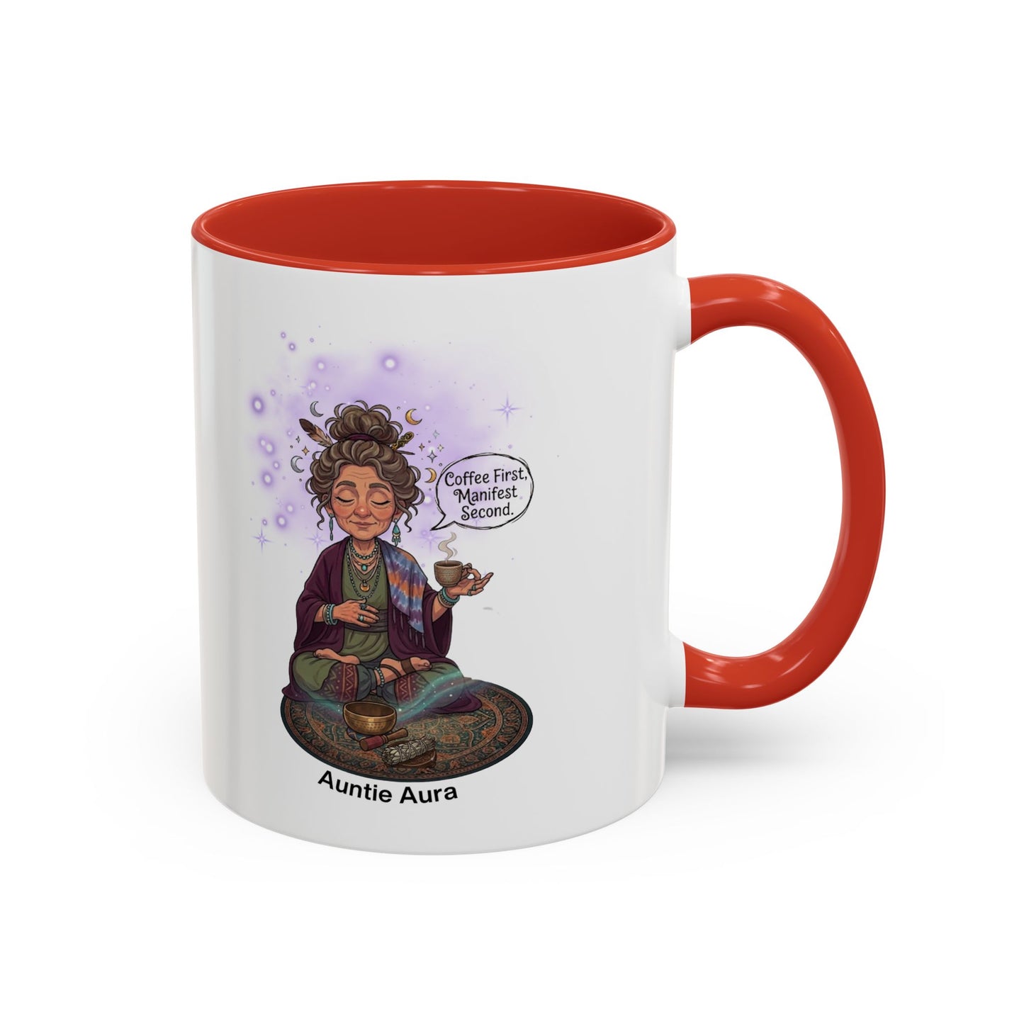 Auntie Aura Coffee Mug — “Coffee First, Manifest Second” Boho Spiritual Gift