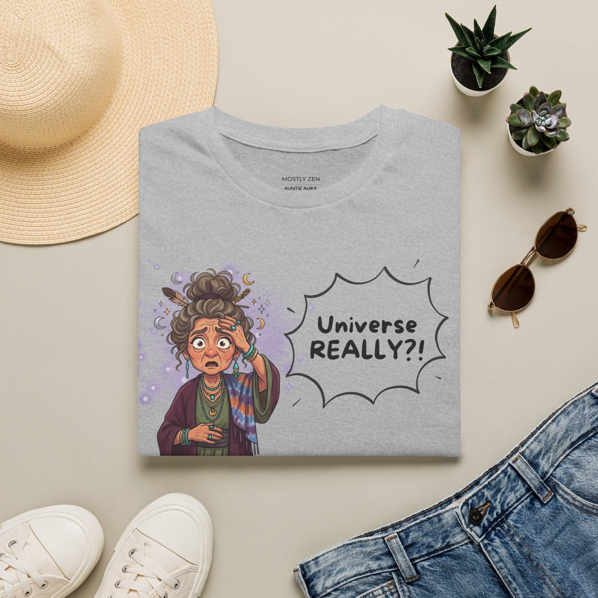 Auntie Aura Tee — “Universe REALLY?!” Mystical Boho Graphic T-Shirt