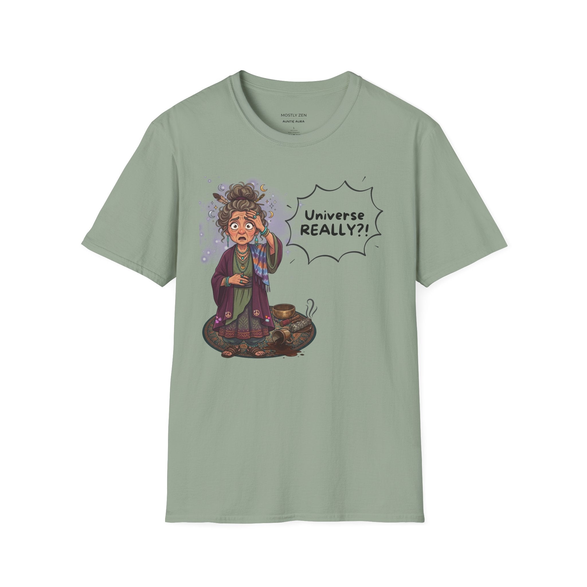 Auntie Aura Tee — “Universe REALLY?!” Mystical Boho Graphic T-Shirt
