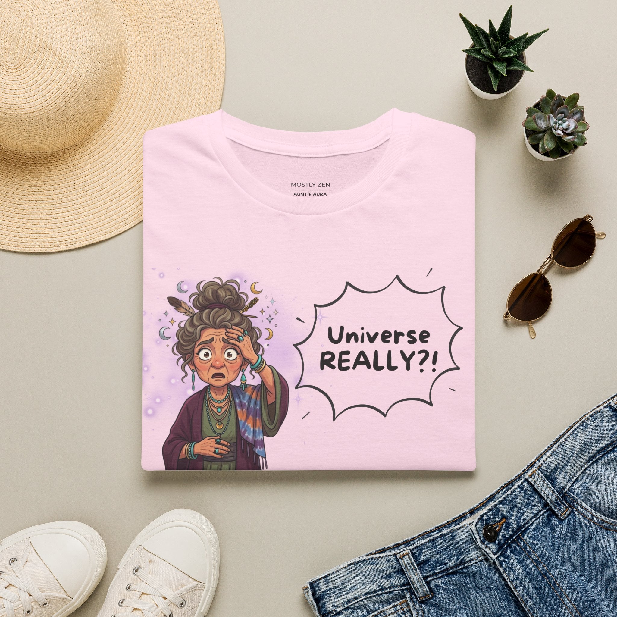 Auntie Aura Tee — “Universe REALLY?!” Mystical Boho Graphic T-Shirt
