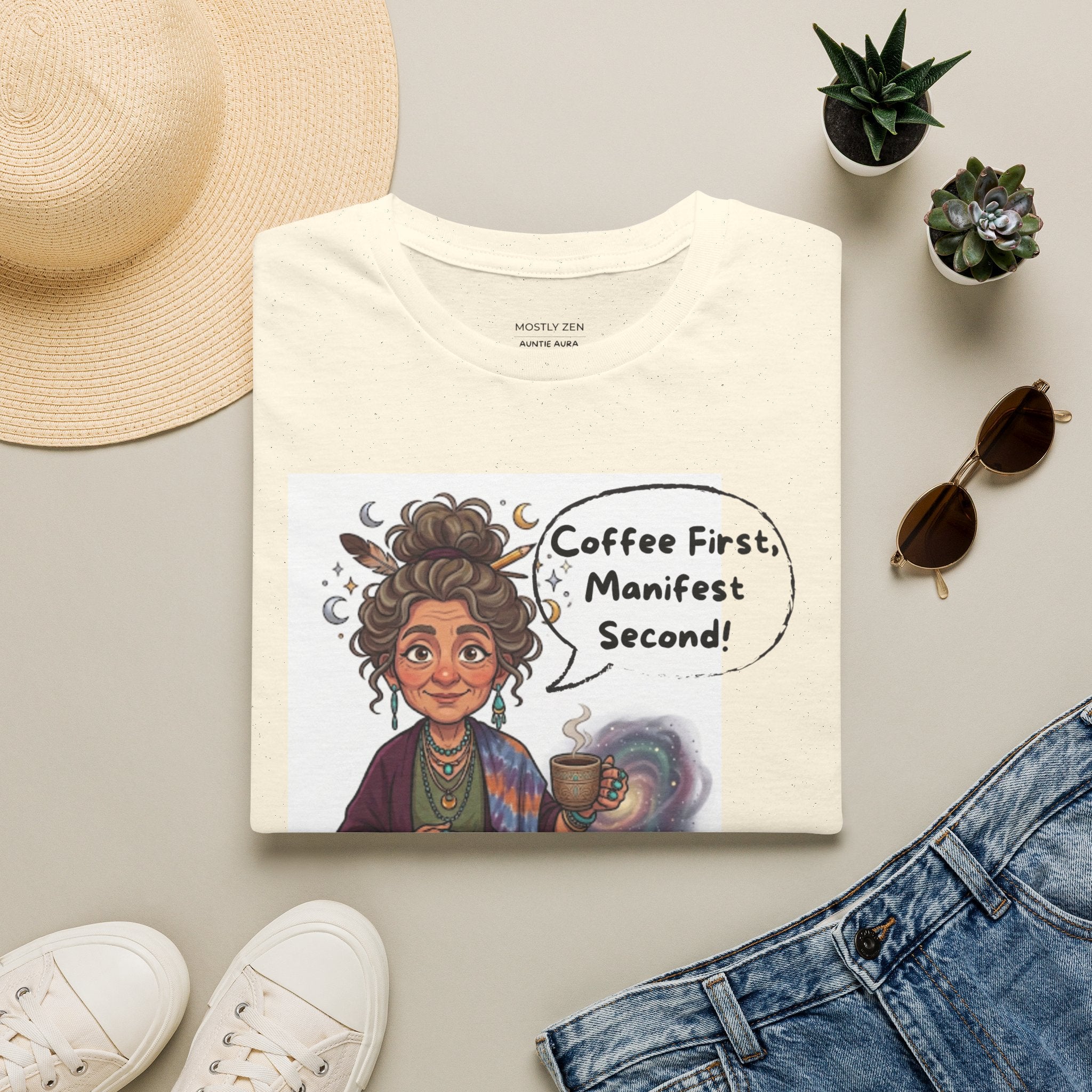 Manifestation Coffee T-Shirt — "Coffee First, Manifest Second!" — Auntie Aura Spiritual Tee