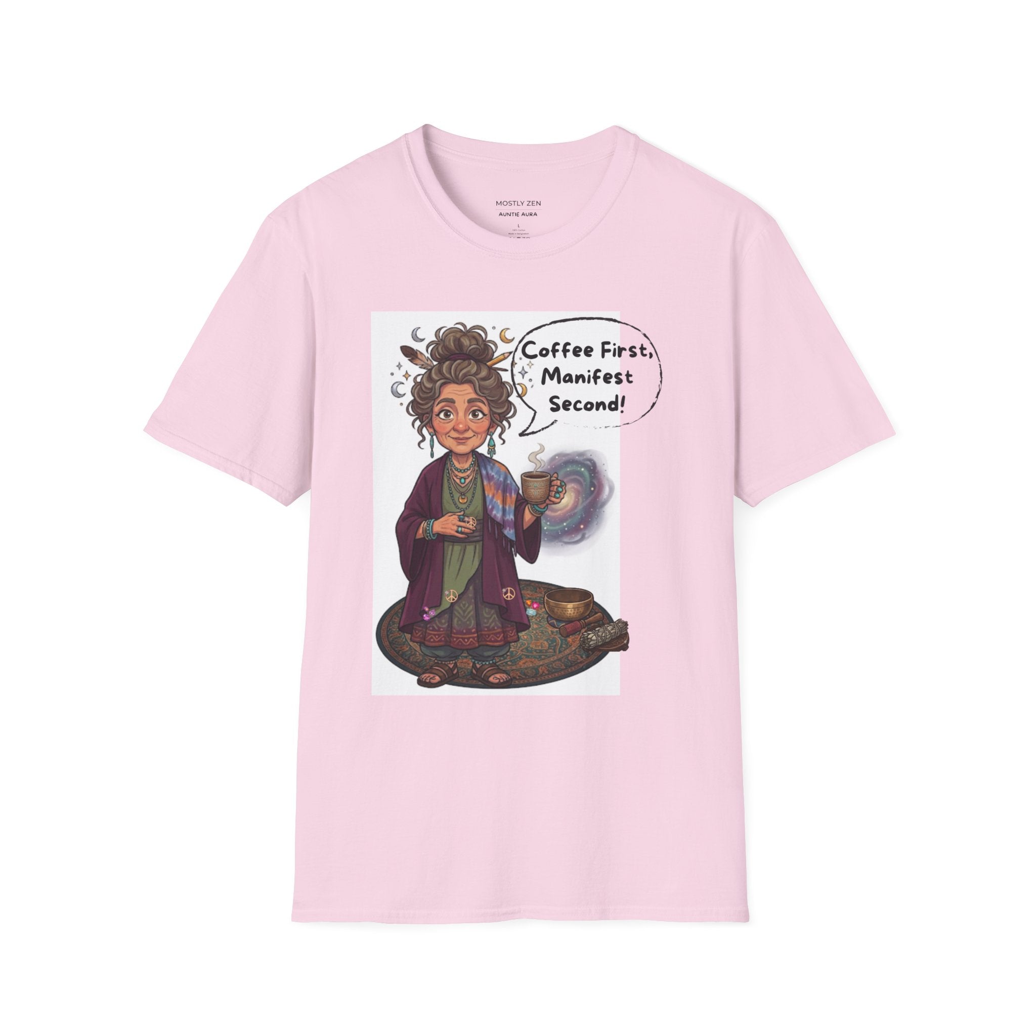 Manifestation Coffee T-Shirt — "Coffee First, Manifest Second!" — Auntie Aura Spiritual Tee
