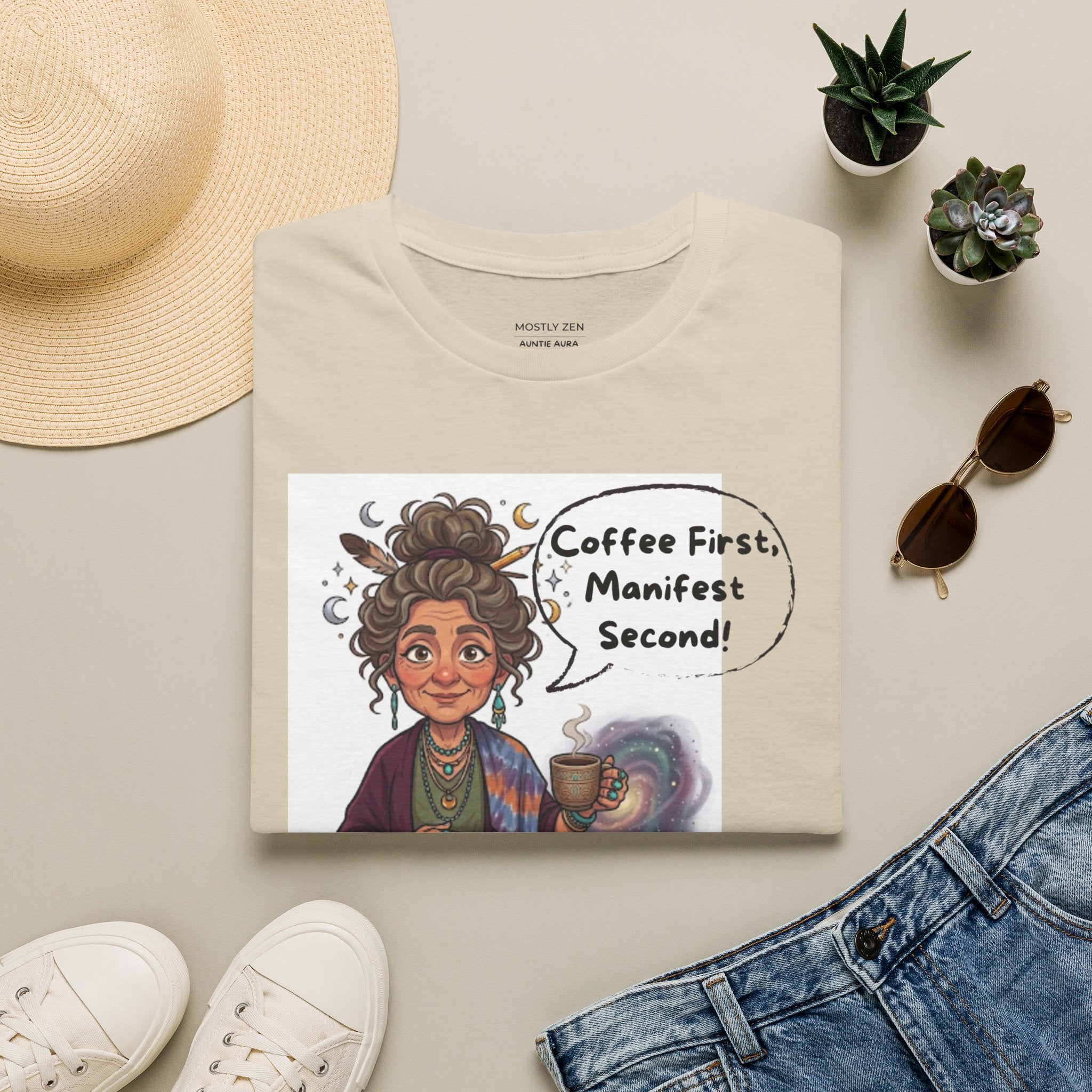 Manifestation Coffee T-Shirt — "Coffee First, Manifest Second!" — Auntie Aura Spiritual Tee