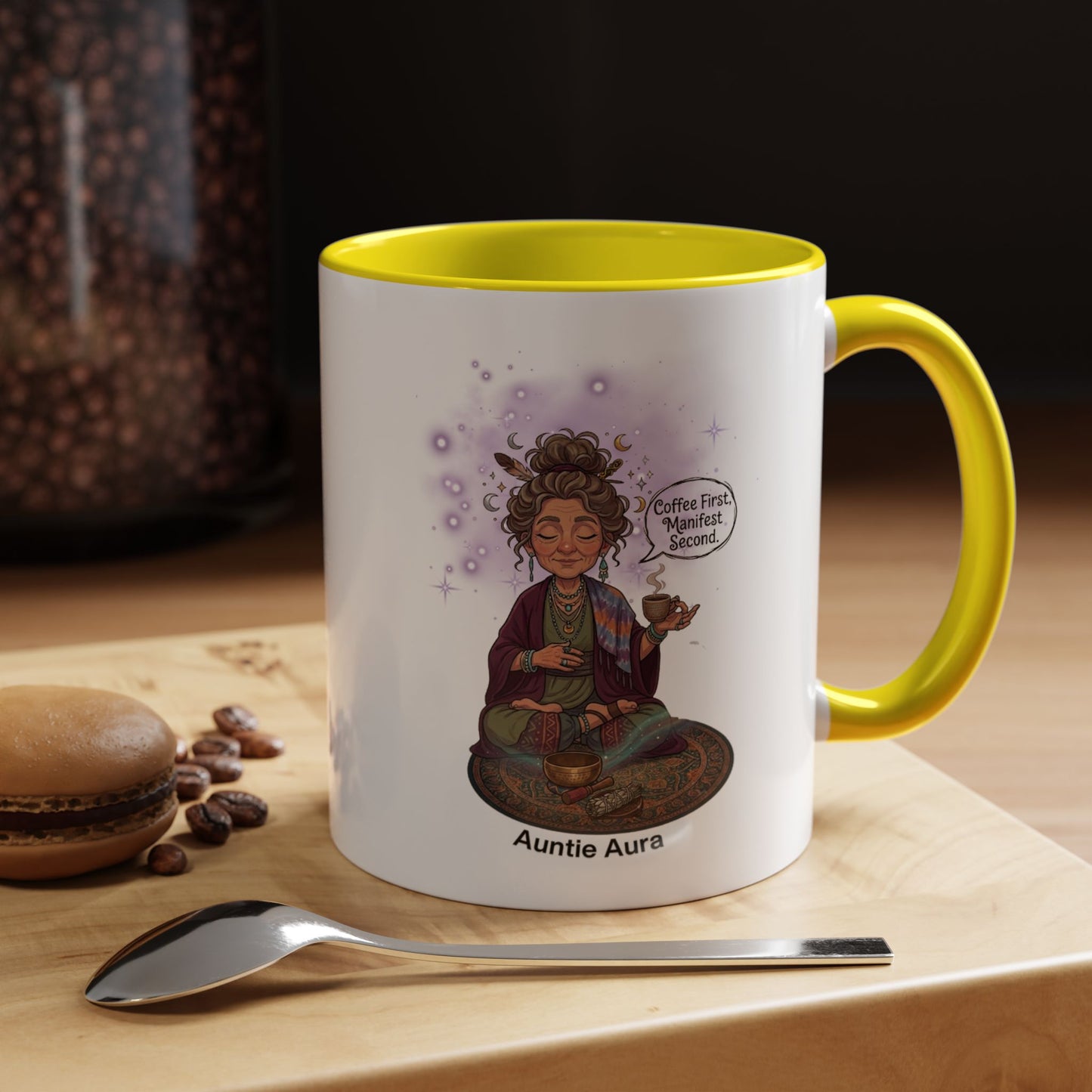 Auntie Aura Coffee Mug — “Coffee First, Manifest Second” Boho Spiritual Gift