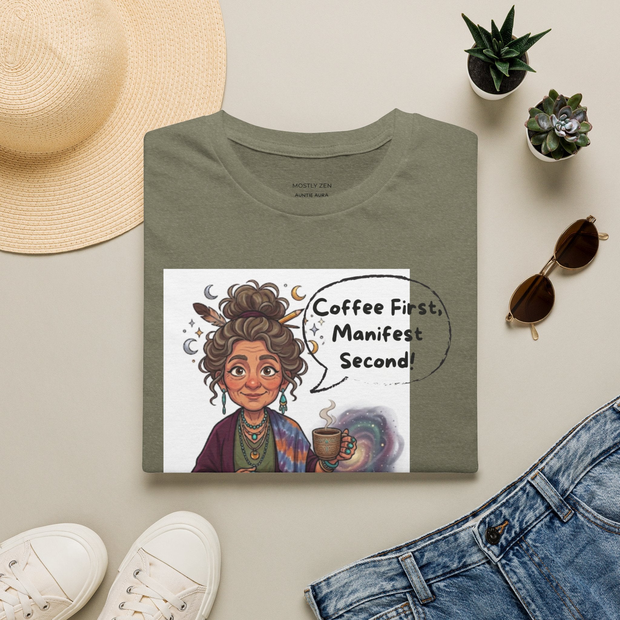 Manifestation Coffee T-Shirt — "Coffee First, Manifest Second!" — Auntie Aura Spiritual Tee