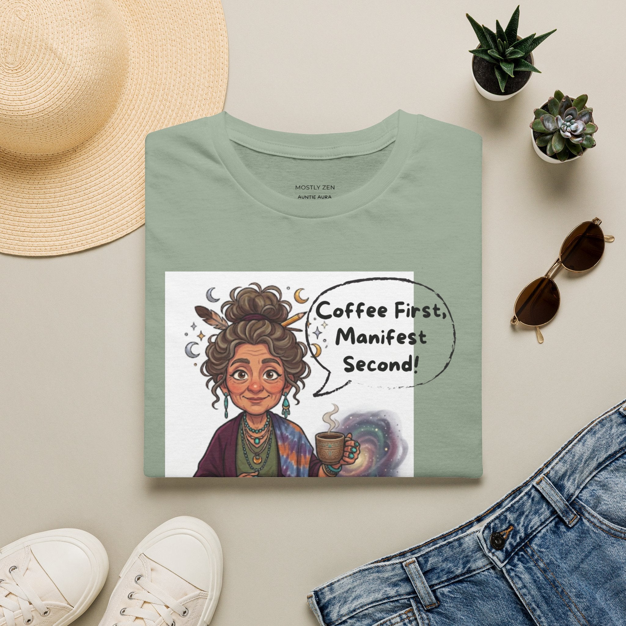 Manifestation Coffee T-Shirt — "Coffee First, Manifest Second!" — Auntie Aura Spiritual Tee