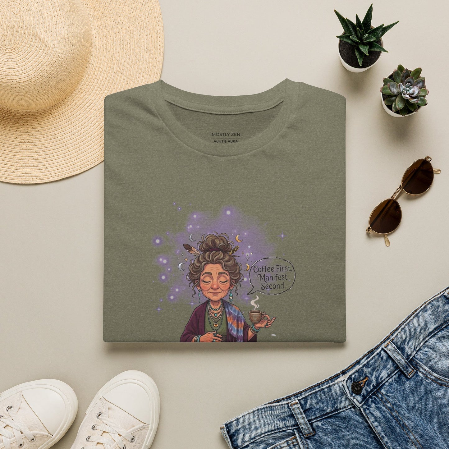 Manifestation Coffee T-Shirt — "Coffee First, Manifest Second!" — Auntie Aura Spiritual Tee