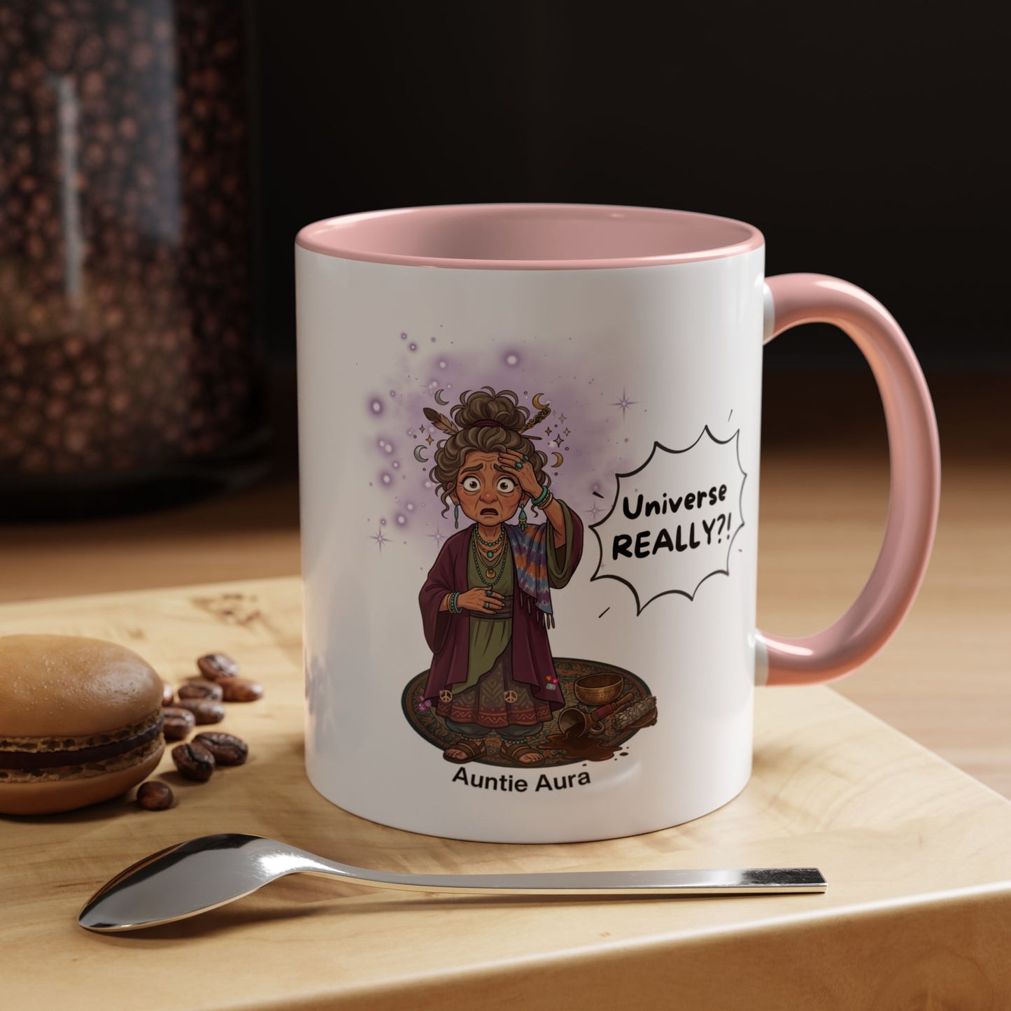Auntie Aura Galaxy Mug — “Universe REALLY?!” Accent Ceramic Coffee Mug