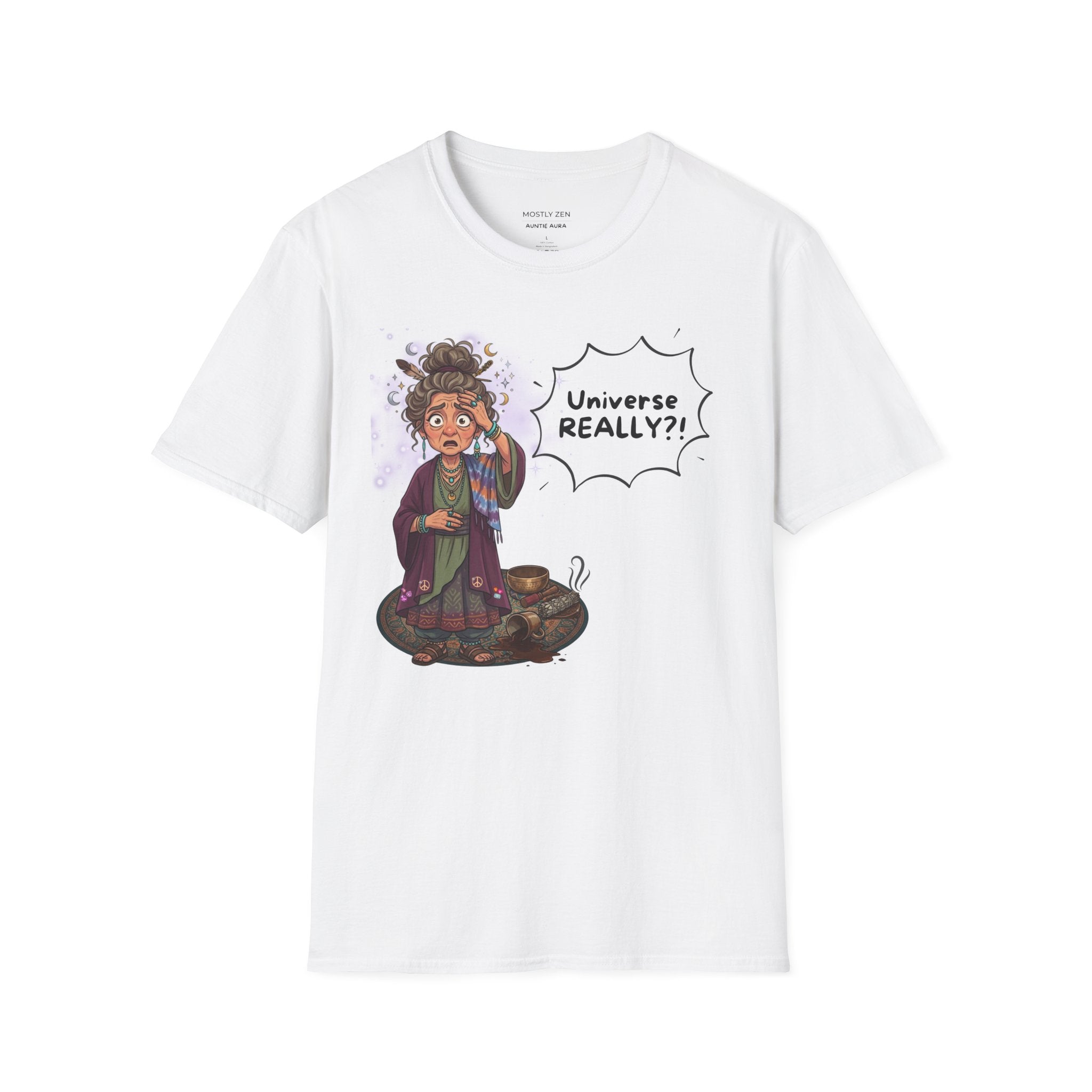 Auntie Aura Tee — “Universe REALLY?!” Mystical Boho Graphic T-Shirt