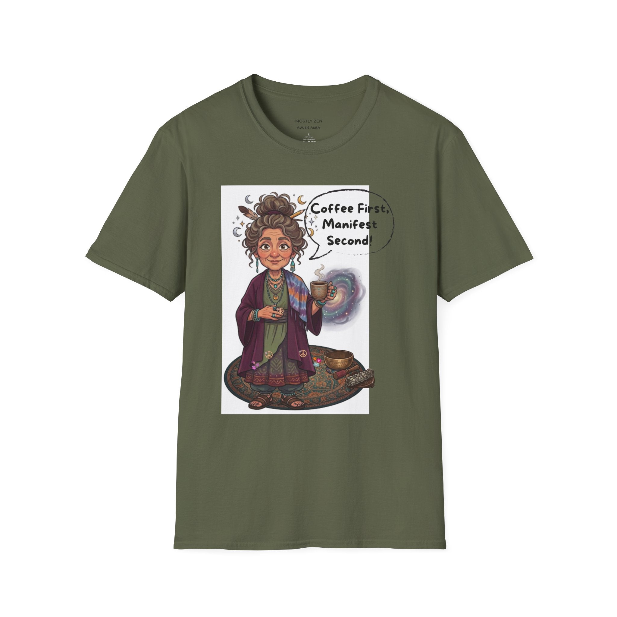 Manifestation Coffee T-Shirt — "Coffee First, Manifest Second!" — Auntie Aura Spiritual Tee