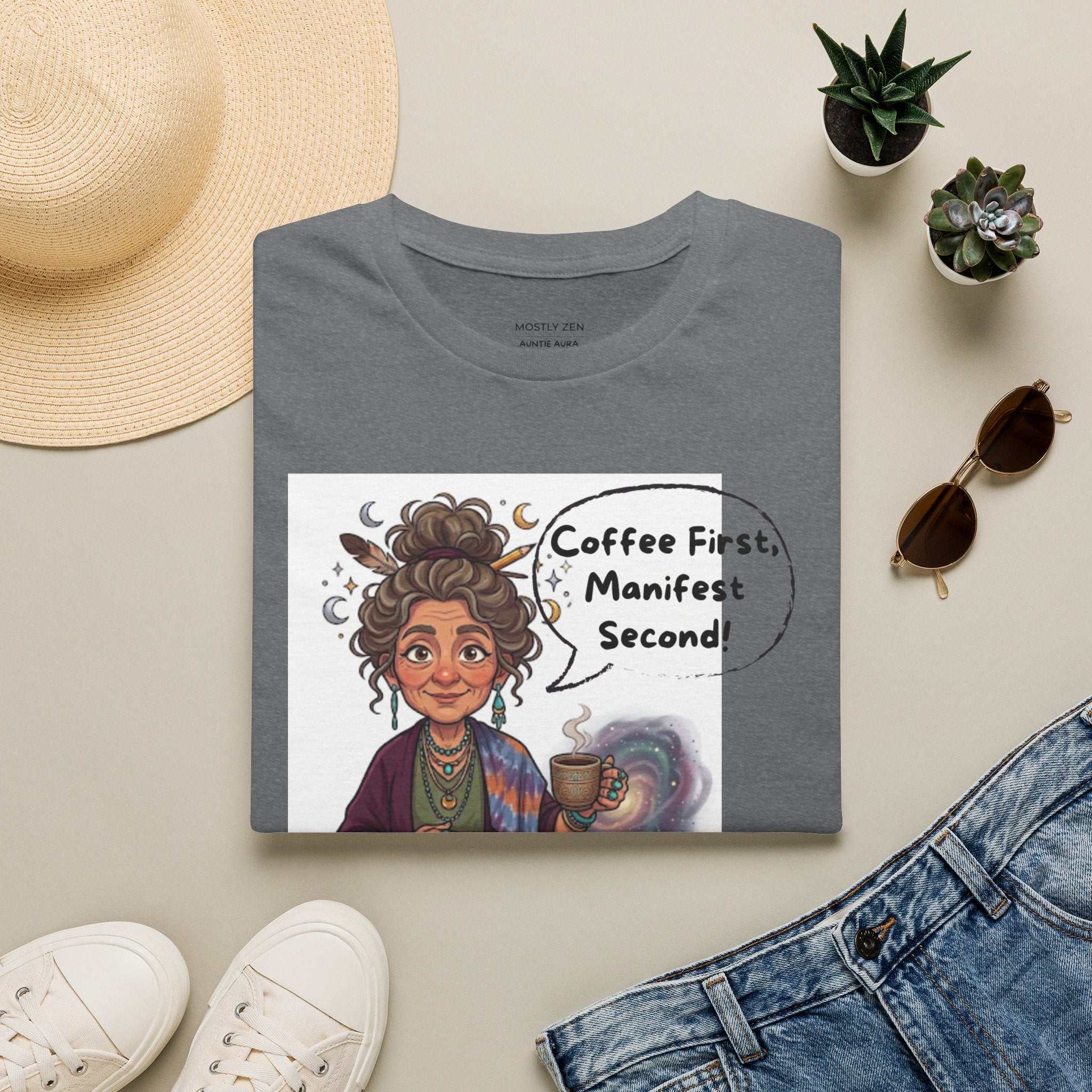Manifestation Coffee T-Shirt — "Coffee First, Manifest Second!" — Auntie Aura Spiritual Tee