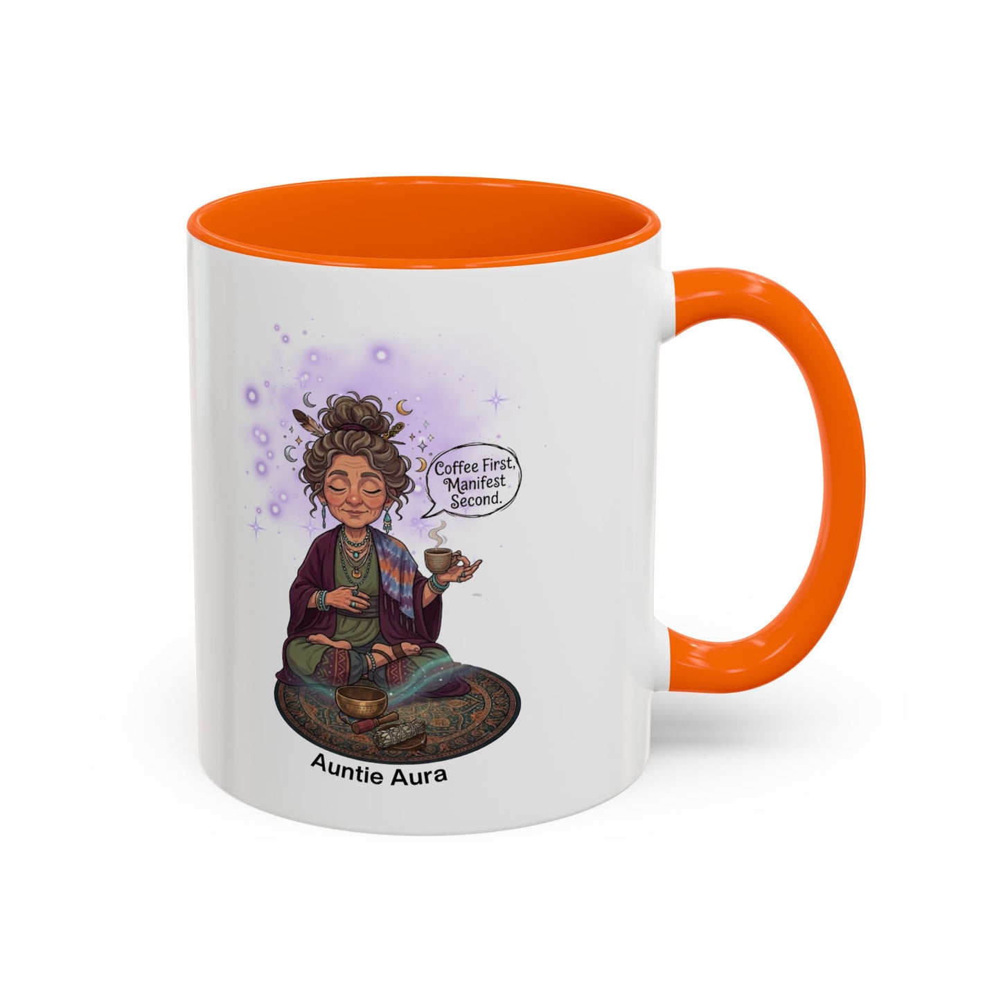 Auntie Aura Coffee Mug — “Coffee First, Manifest Second” Boho Spiritual Gift