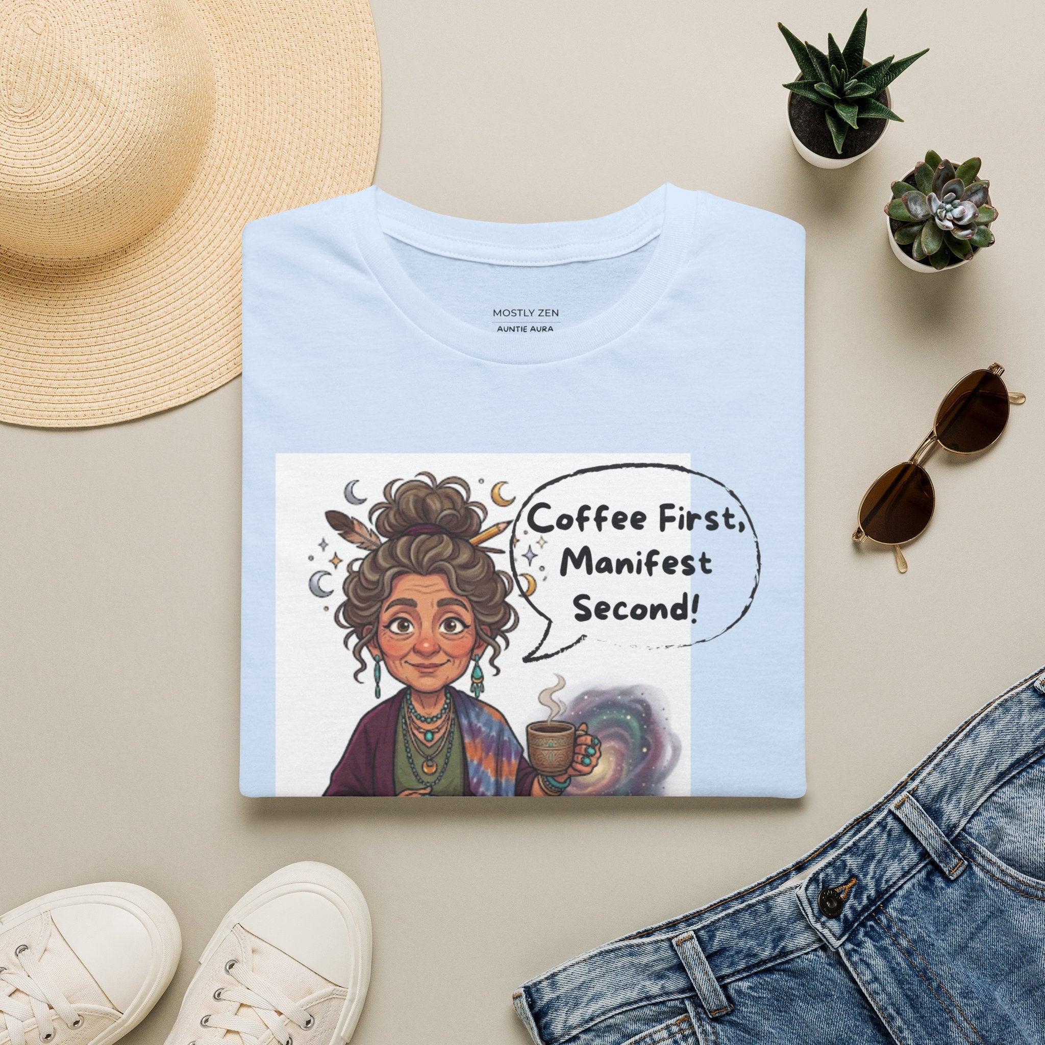 Manifestation Coffee T-Shirt — "Coffee First, Manifest Second!" — Auntie Aura Spiritual Tee