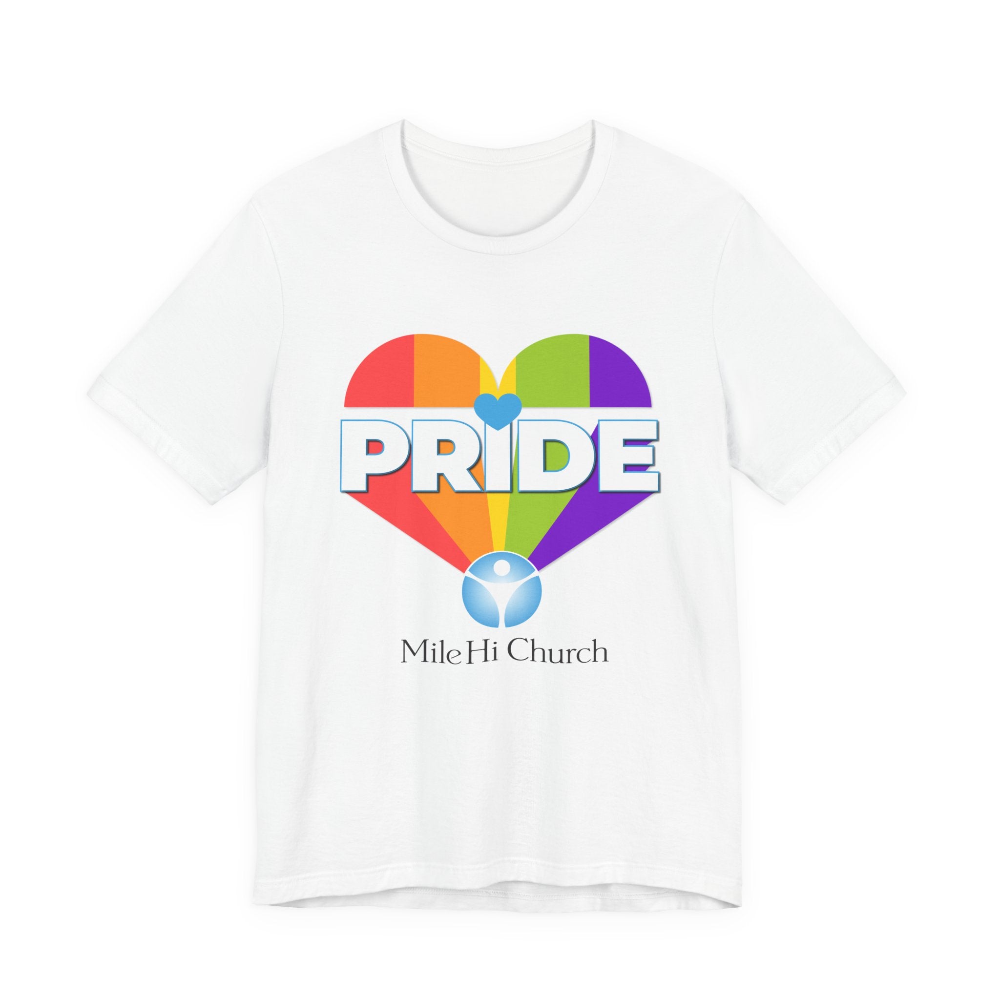 Pride Rainbow Heart Tee | Mile Hi Church logo