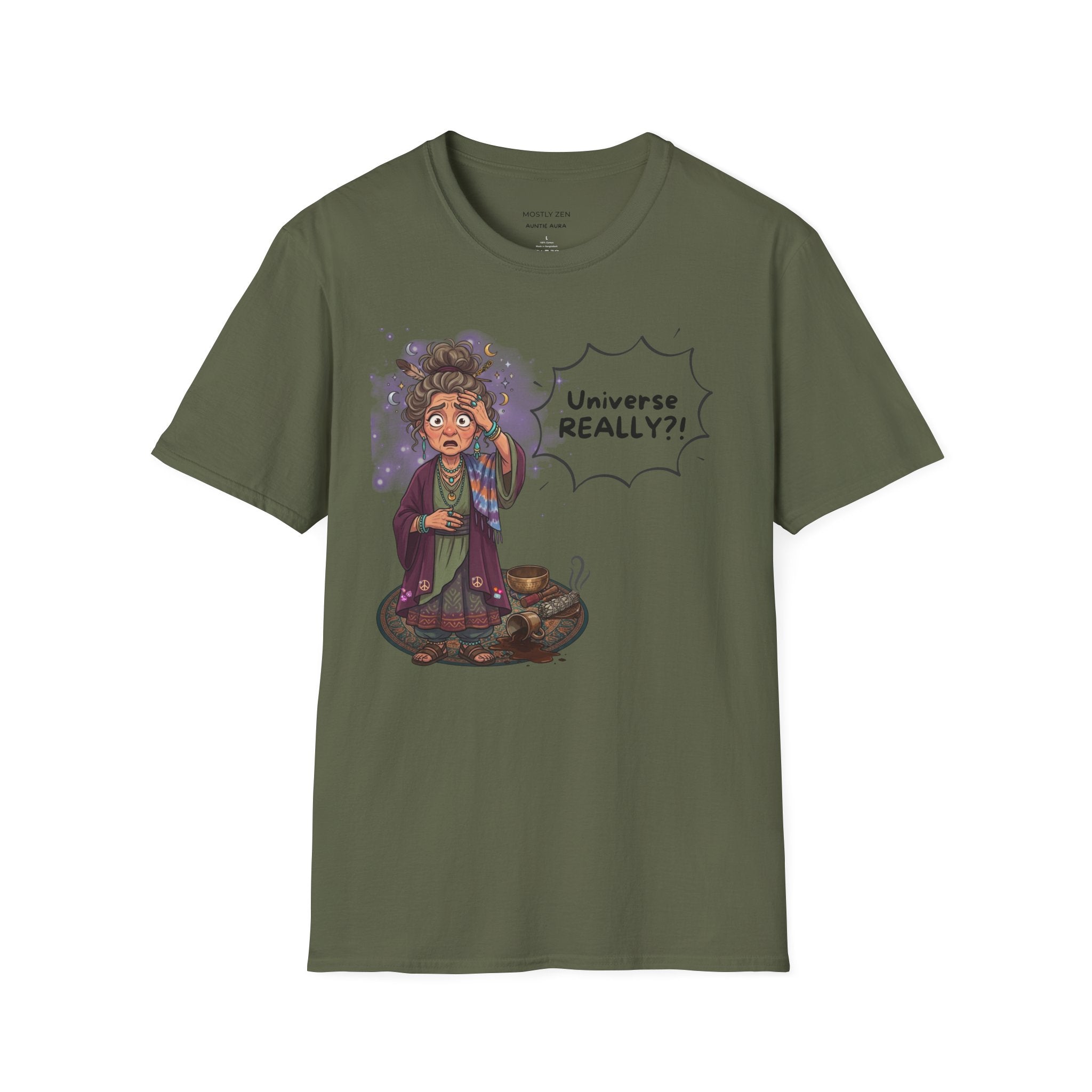 Auntie Aura Tee — “Universe REALLY?!” Mystical Boho Graphic T-Shirt
