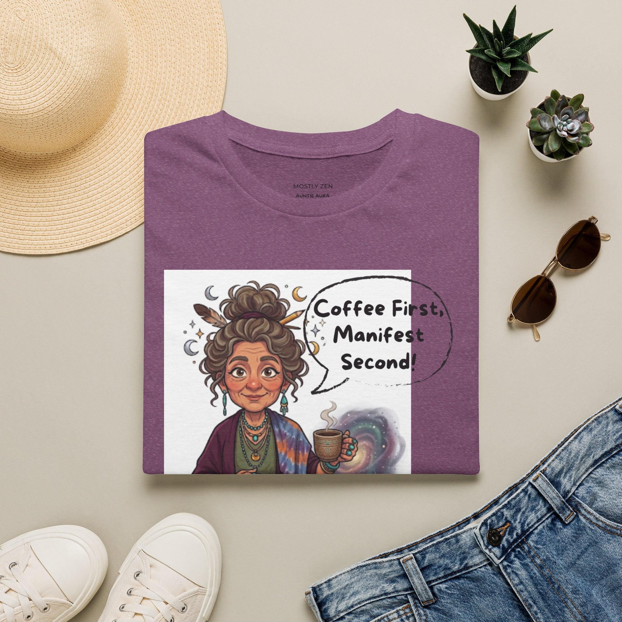 Manifestation Coffee T-Shirt — "Coffee First, Manifest Second!" — Auntie Aura Spiritual Tee